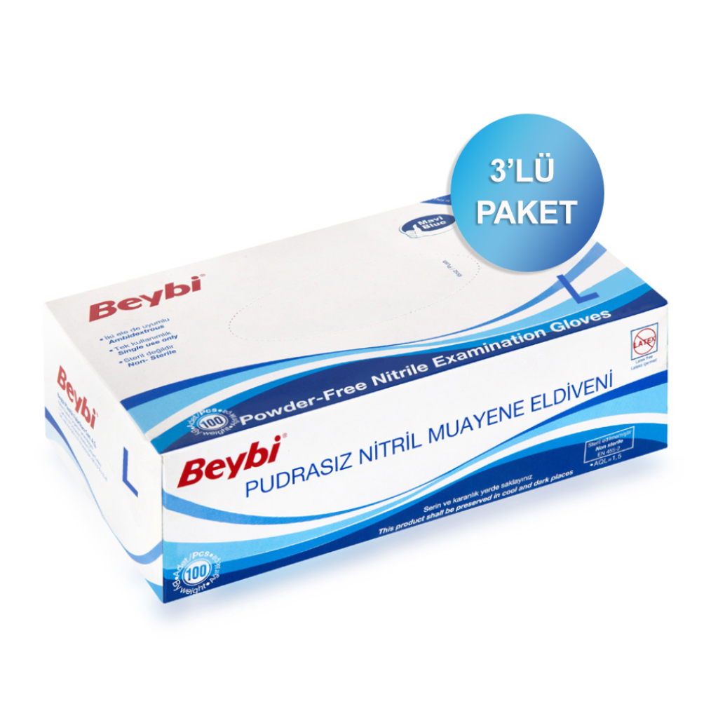 Beybi Nitril Mavi Muayene Eldiveni 3'lü Paket Large