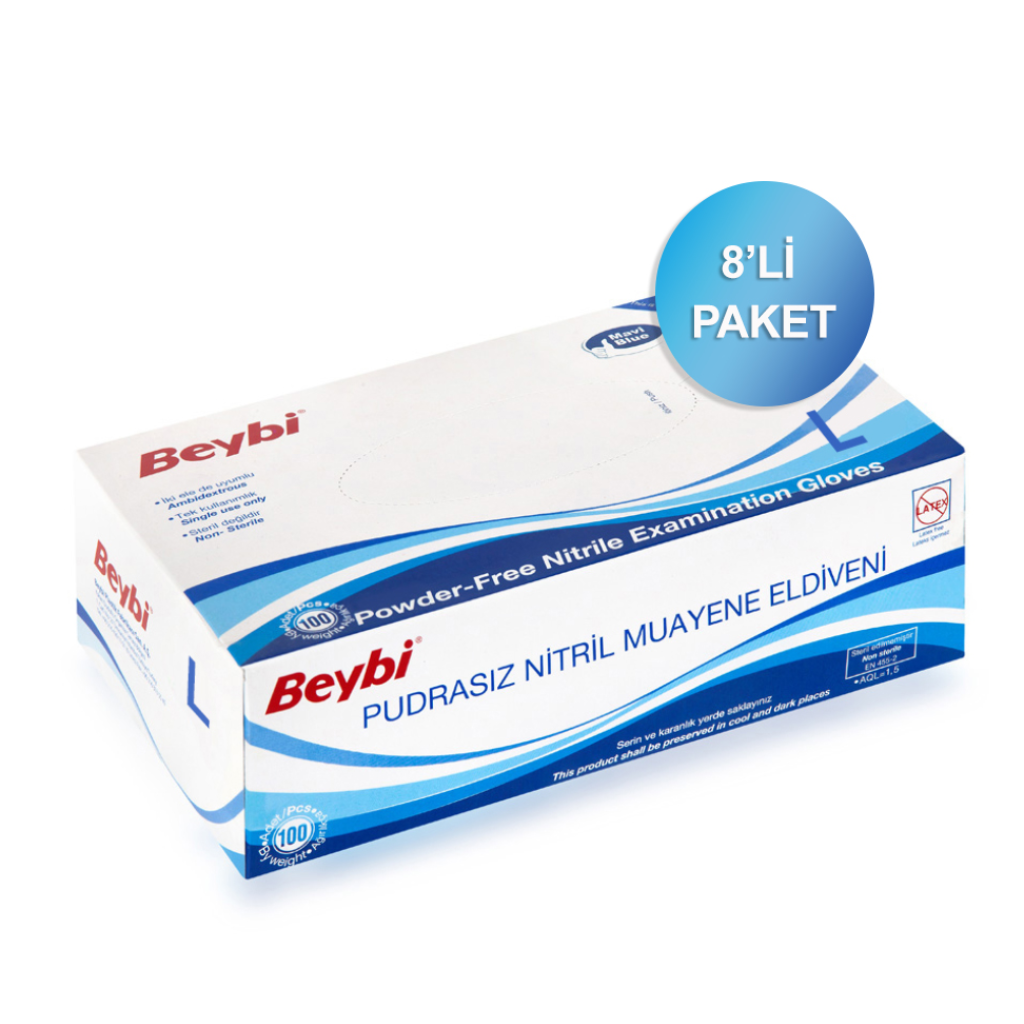 Beybi Nitril Mavi Muayene Eldiveni 8'li Paket Large